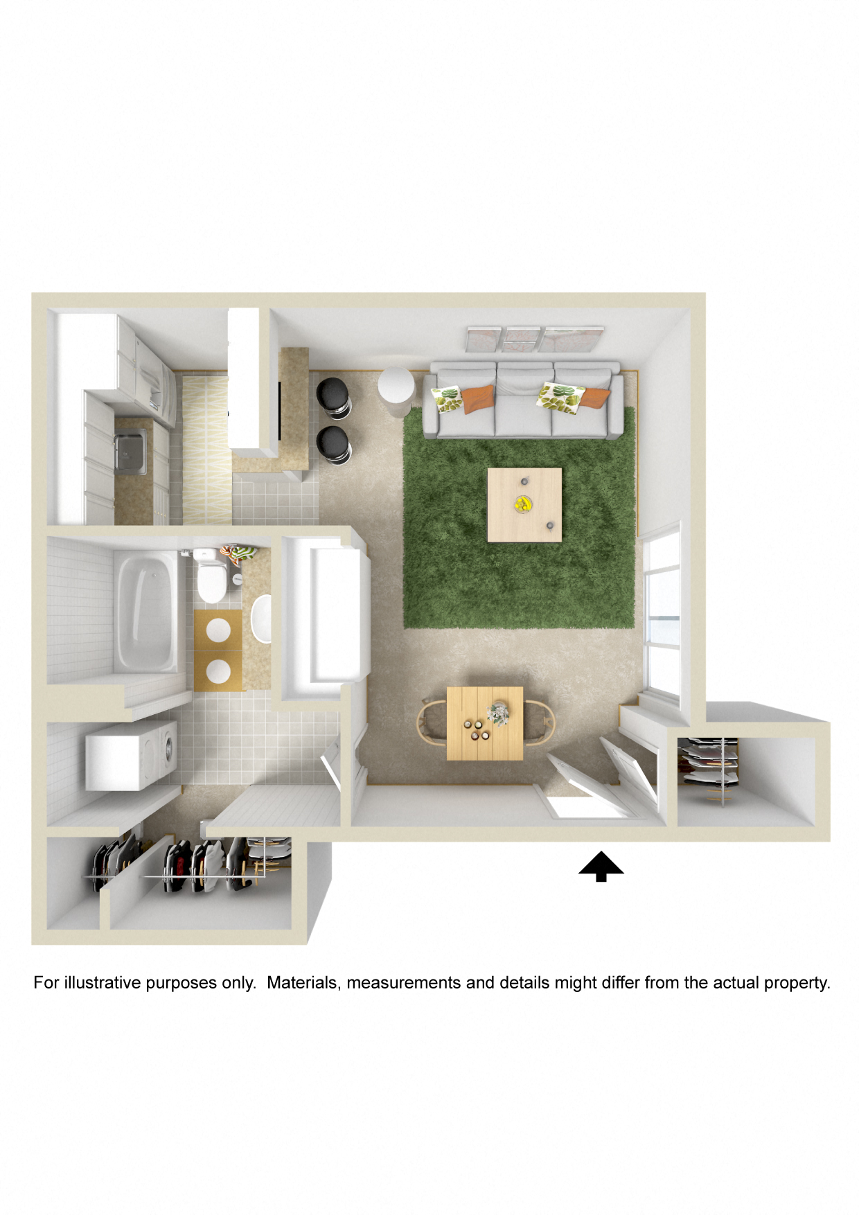 Floor plan for 1 bed, 1 bath, 450 sqft